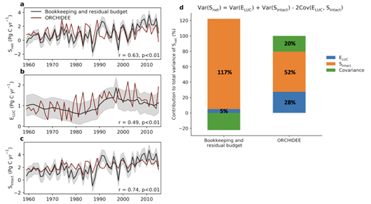 图2  ORCHIDEE模型和基于观测和薄记模型的陆地净碳平衡（a），土地利用碳排放（b），原生生态系统的碳吸收（c）和碳源汇年际波动的归因（d）。.png